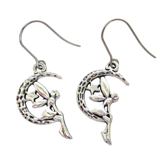 New Fairy & Moon Dangle Pierced Earrings - Faerie Celestial Jewelry Gift - Picture 1 of 5